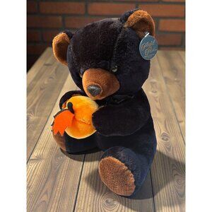 Vintage 1988 Playful Plush Limited Black Bear Holding Orange Pumpkin Stuffed Toy